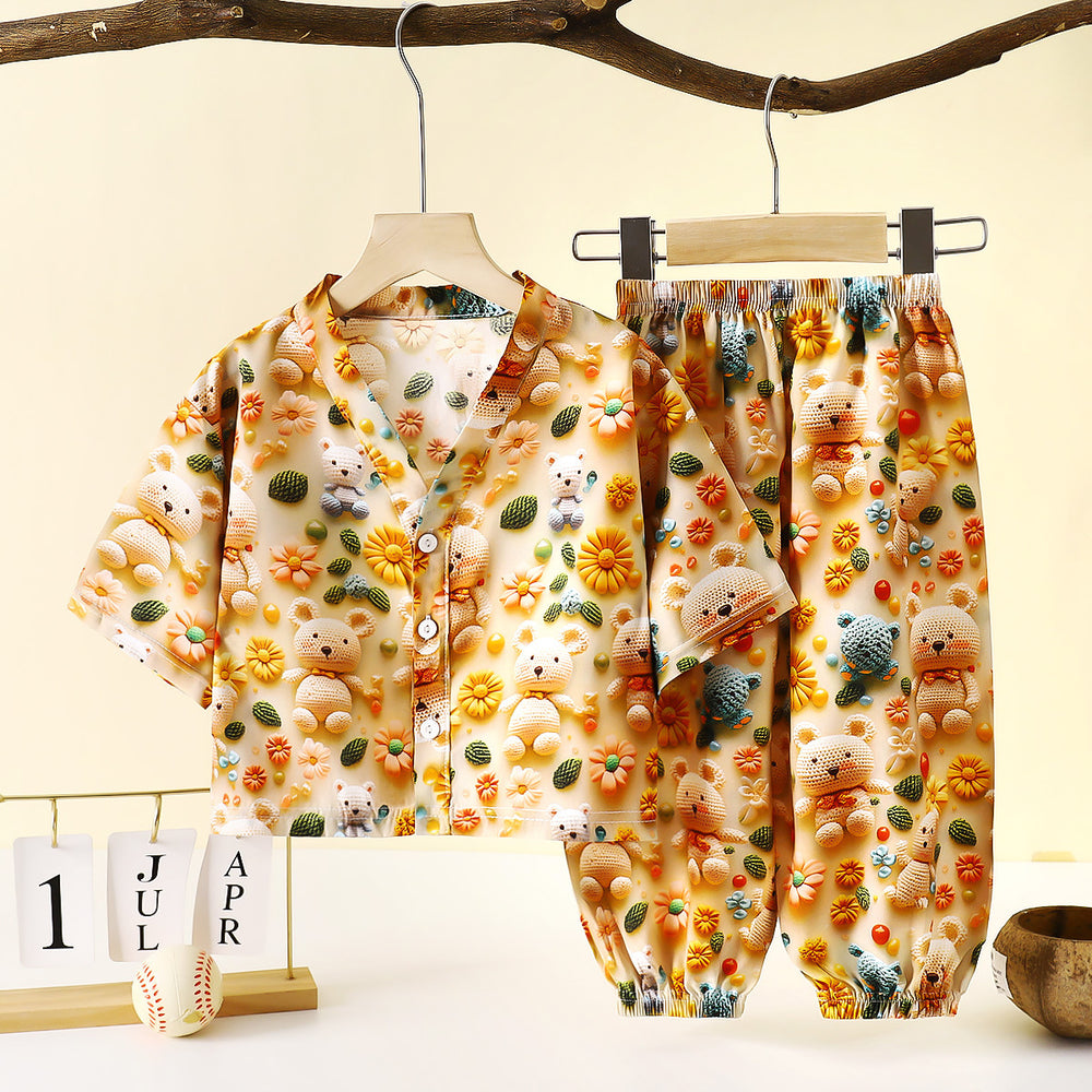Kids' cotton linen pajama set - summer boys' and girls' sleepwear - rayon two-piece set - cotton linen air conditioning suit - children's clothing