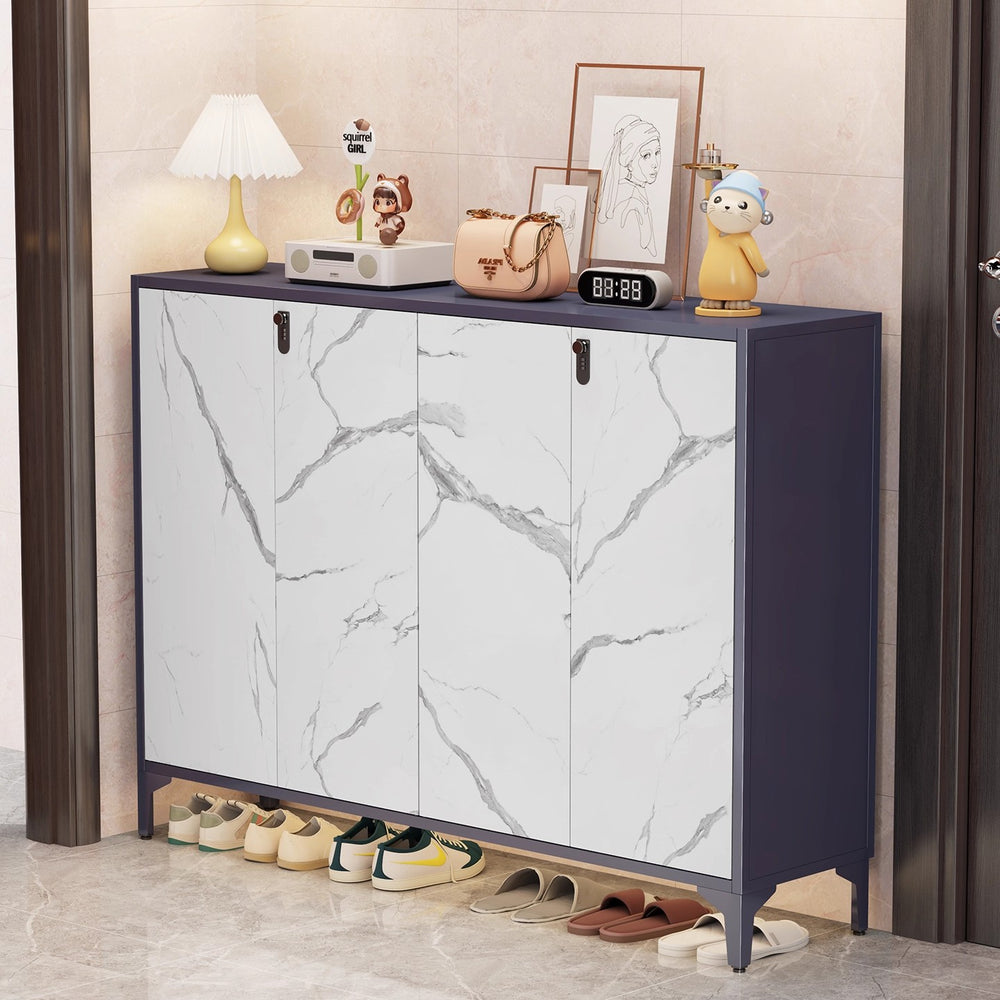 Steel shoe cabinet for home, shoe rack for entryway, hallway organizer with door and lock, minimalist large capacity faux stone shoe cabinet