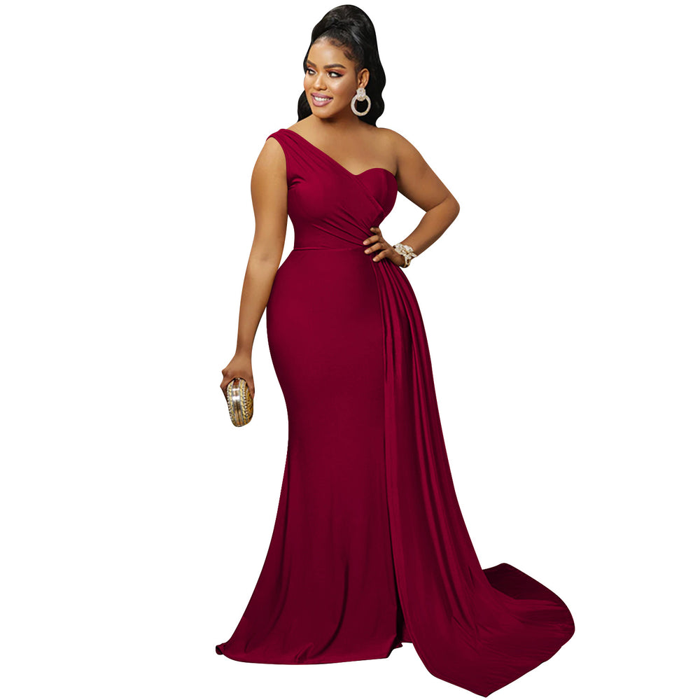 X5819 european and american new arrival   fashion solid color party bodycon one-shoulder sleeve maxi dress for women