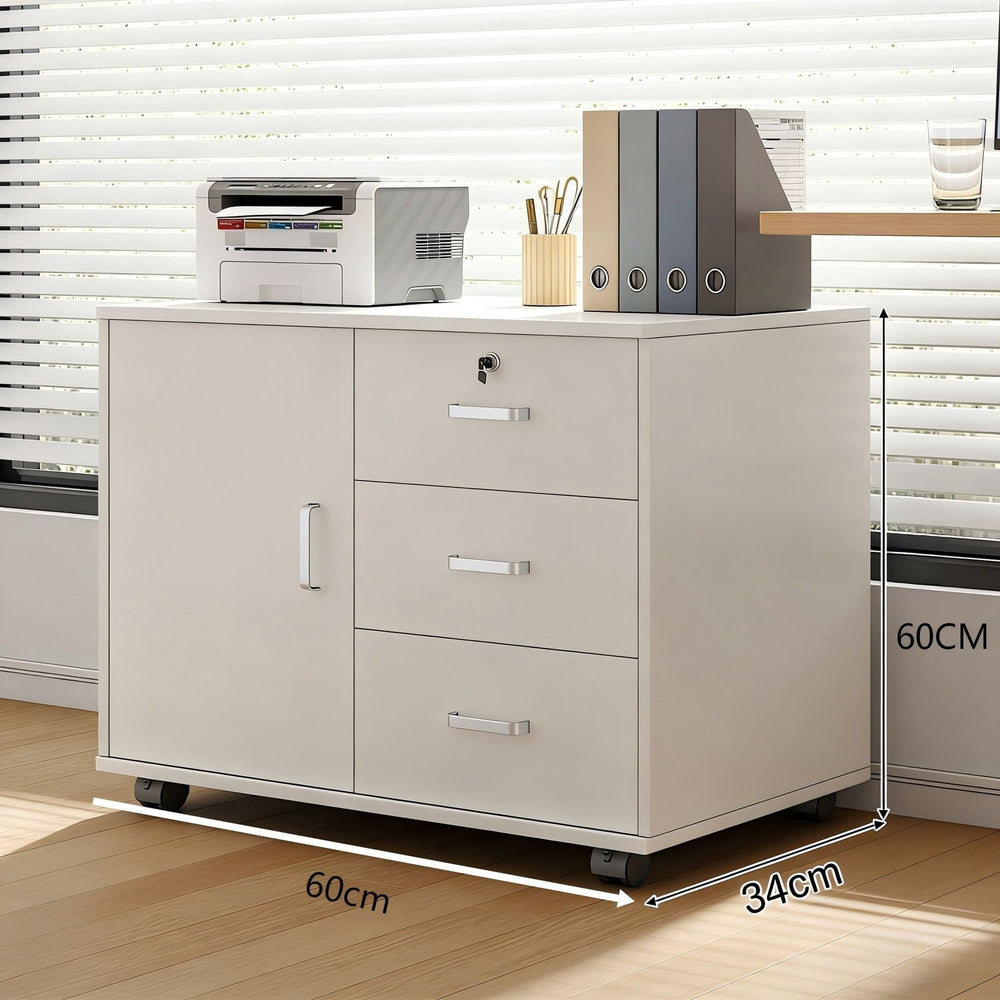 Under-desk file cabinet, wooden side cabinet with lock, office cabinet, printer drawer, storage cabinet, low cabinet