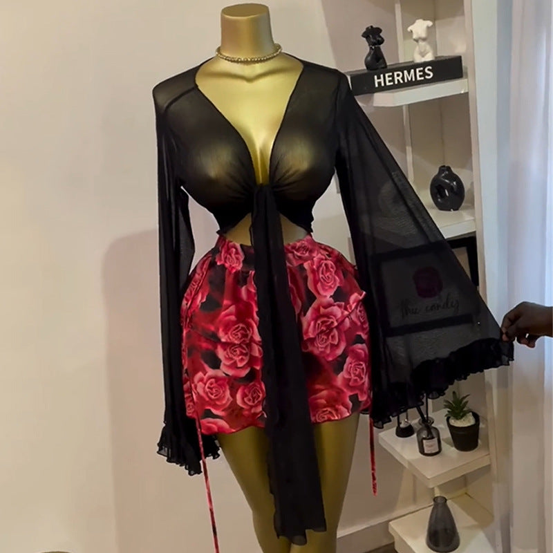 European and american cross-border women's fashion:  autumn new arrivals - sexy and elegant v-neck tie-up lightweight blouse, sheer slim-fit top