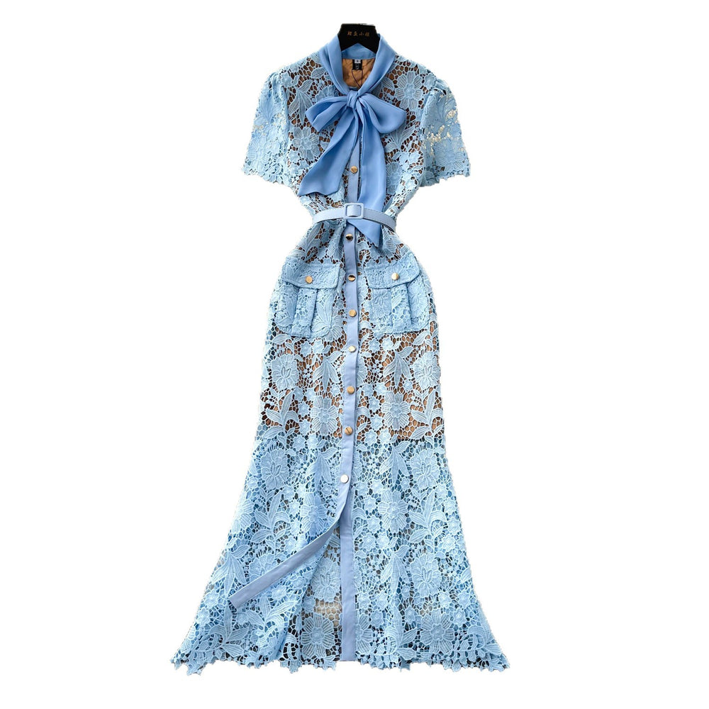 Frenchaccessible luxury heavy industry short sleeve lacedress women's summer lapel cut out waist slimming lookwork clothingelegance long skirt