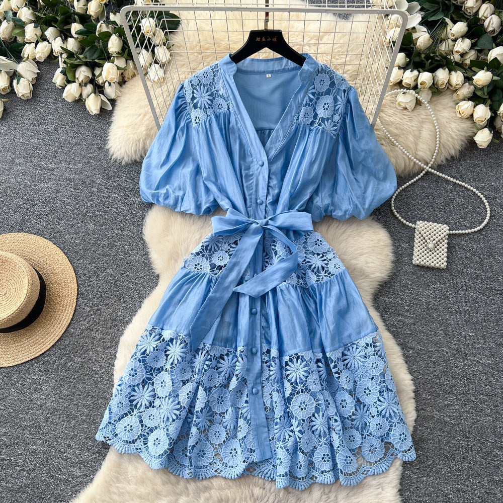French-style heavy lace v-neck bubble sleeve dress - women's summer korean style red tie-waist slimming a-line dress