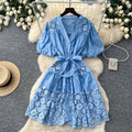 French-style heavy lace v-neck bubble sleeve dress - women's summer korean style red tie-waist slimming a-line dress