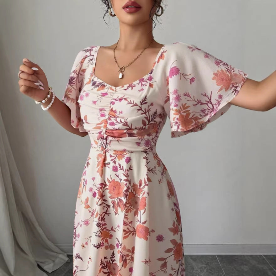 summer print long french floral slimming maxi dress