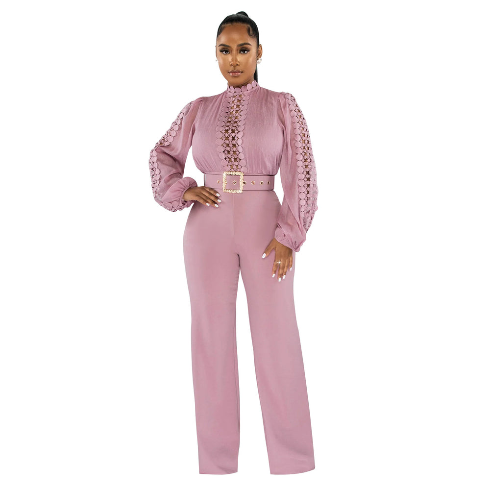X6345   fashion women's belted lace hollow-out solid color long sleeve jumpsuit