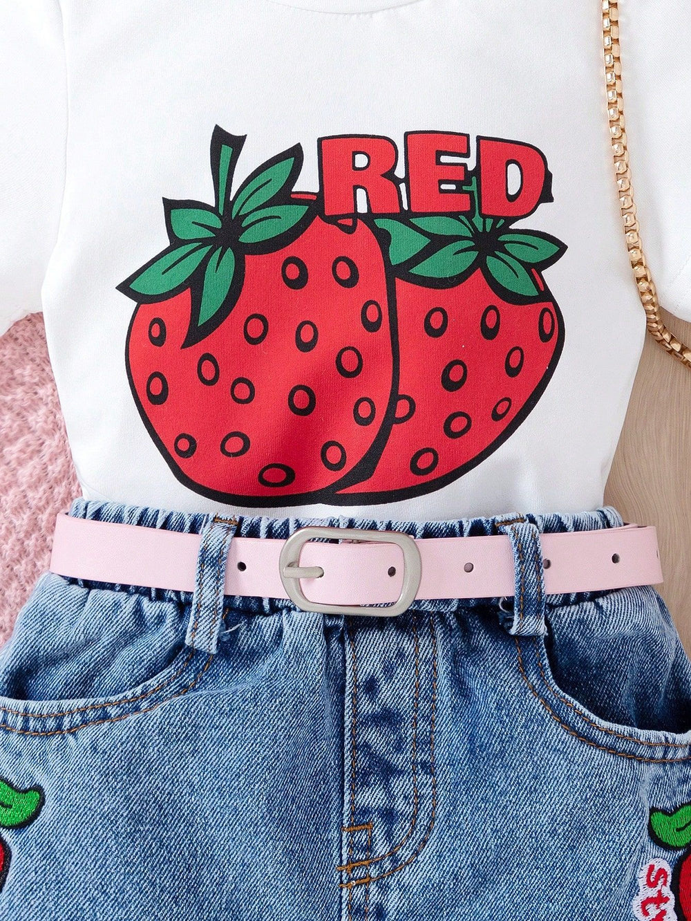 hot-selling baby & toddler cute strawberry print top + heavily embroidered denim short set for girls
