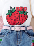 hot-selling baby & toddler cute strawberry print top + heavily embroidered denim short set for girls