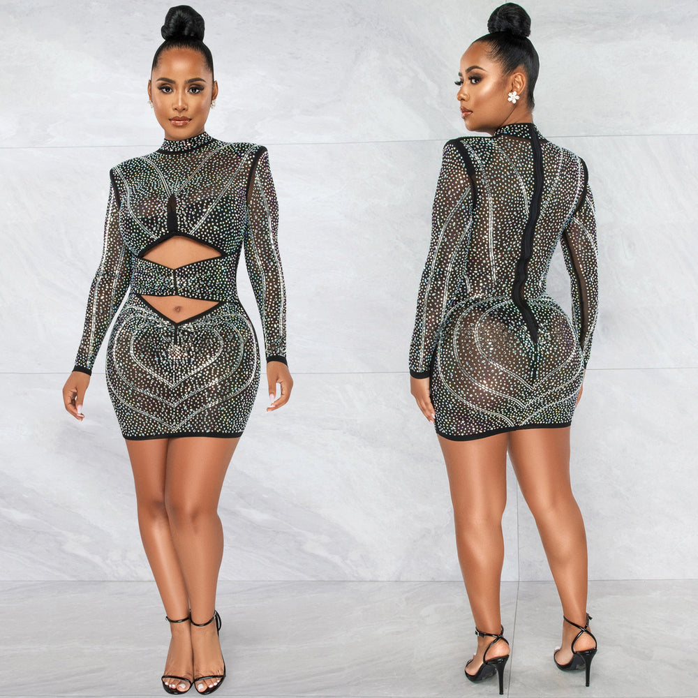 X5572   fashion sexy nightclub rhinestone mesh see-through long sleeve hollow-out midi dress