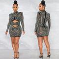X5572   fashion sexy nightclub rhinestone mesh see-through long sleeve hollow-out midi dress