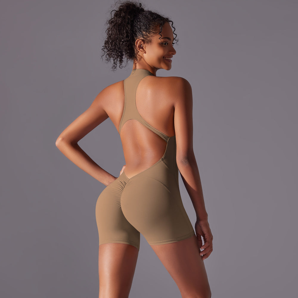 New arrival cross-border pure color high-strength nude tight sports beautiful back jumpsuit yoga wear tight running fitness wear