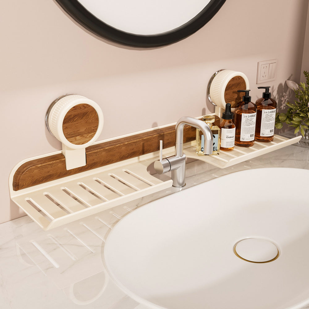 Walnut suction cup bathroom organizer - no drilling required - over-mirror faucet & vanity storage shelf