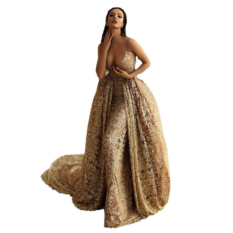 Fashionexportnew arrival women's dress amazon dunhuang sexy v neck suspender gold dress long dress spring