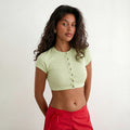 European and american style cross-border women's clothing  summer new arrival solid color trendy knitted button patchwork slim fit cropped top
