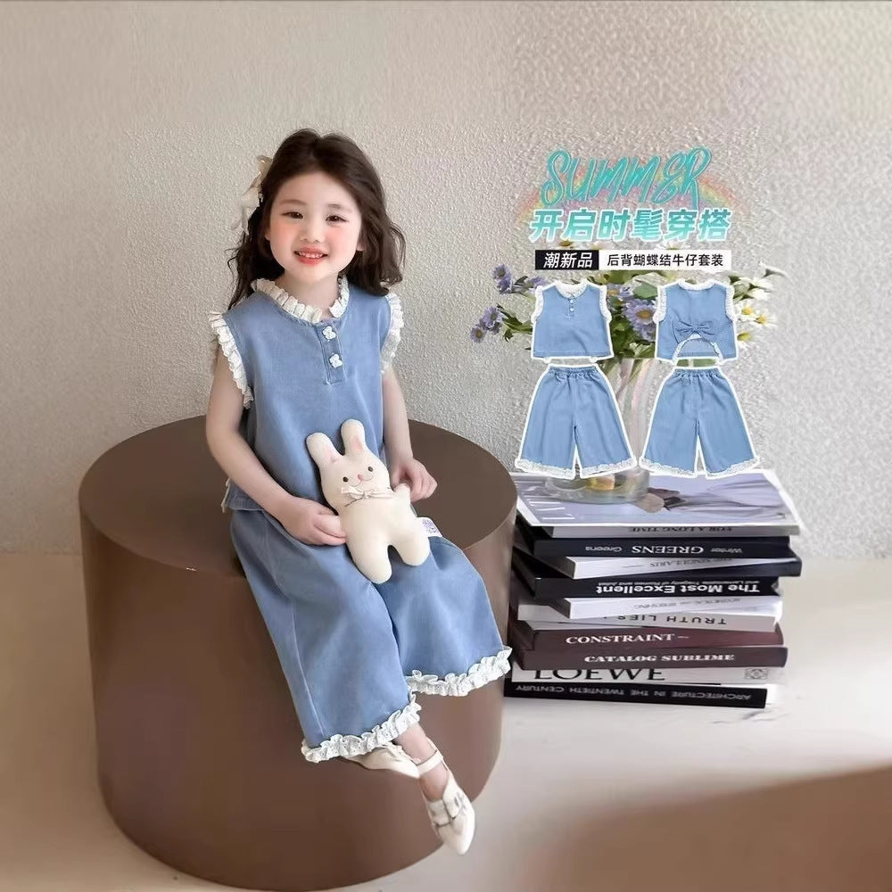 Girls' summer denim outfit:  new style kids' tank top and wide-leg pants fashionable two-piece set, baby summer clothes