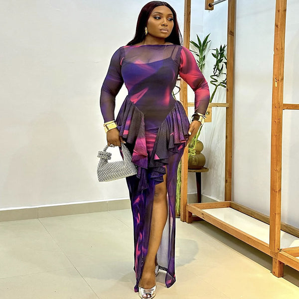European and American  women's clothing 2025 autumn new fashionable and sexy mesh yarn waist ruffle edge split printing dress