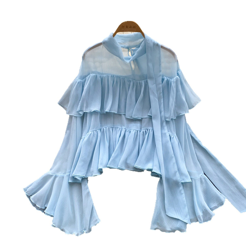 French chic ruffle chiffon blouse - women's summer long sleeve pink commute top - elegant sun protection shirt
