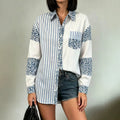 Exportfashionniche stylepatchworklong sleevesshirtstripesleopard printcontrast color lapel patch pocket lazy stylecasual small shirt