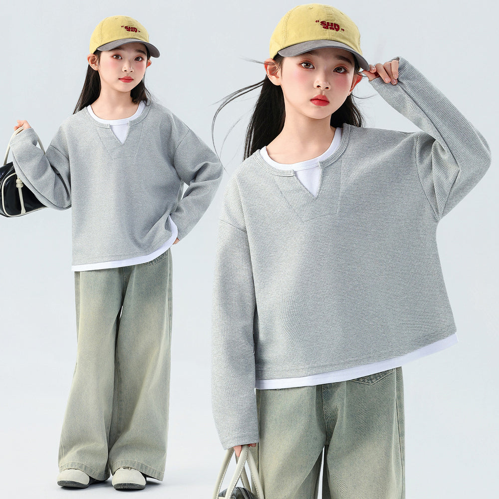 fake two-piece layered sweatshirtgirl waffle gridsv necklong sleeves t-shirt spring autumgirls fitted bottom shirt