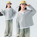 fake two-piece layered sweatshirtgirl waffle gridsv necklong sleeves t-shirt spring autumgirls fitted bottom shirt