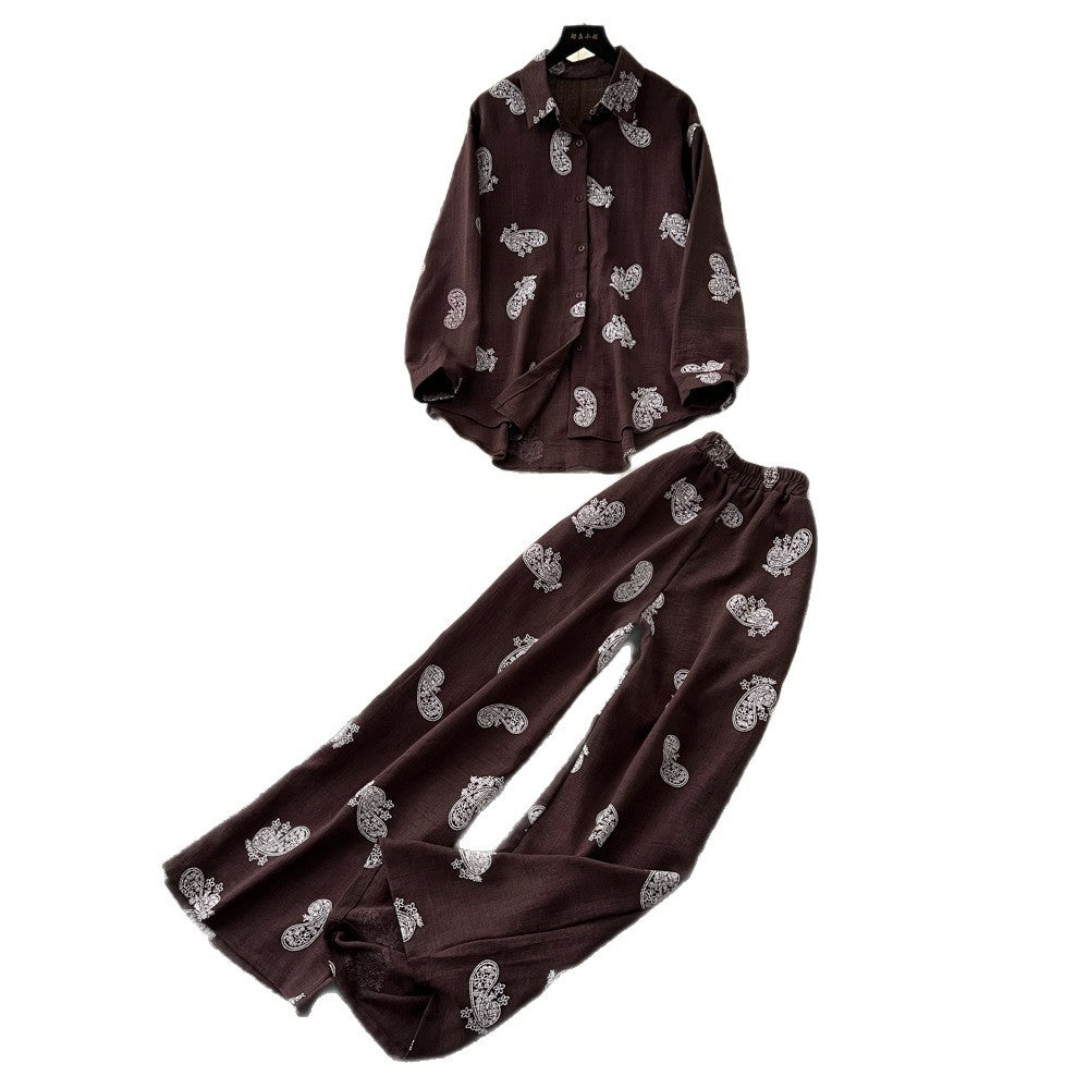 export retro print shirt & high-waisted wide-leg pants two-piece set - women's autumn/spring commute chic casual outfit
