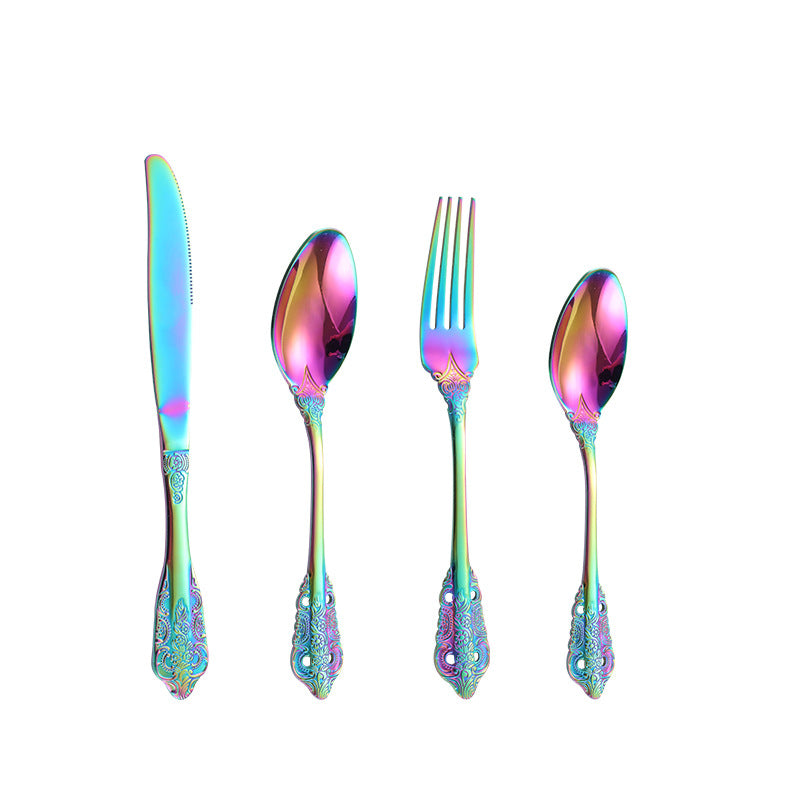 Island Qi stainless steel knife and fork spoon court retro relief steak knife and fork creative western tableware gift box four-piece set