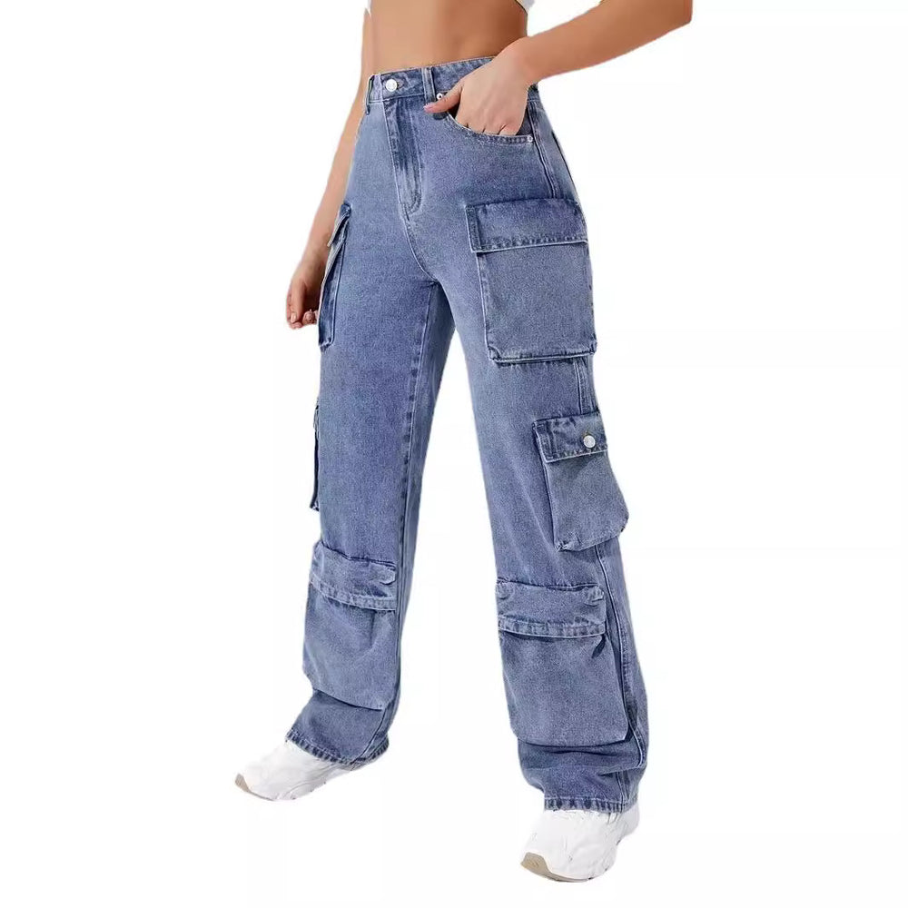 Y2k style hot-selling women's jeans: new  &  zipper multi-pocket straight-leg washed cargo pants