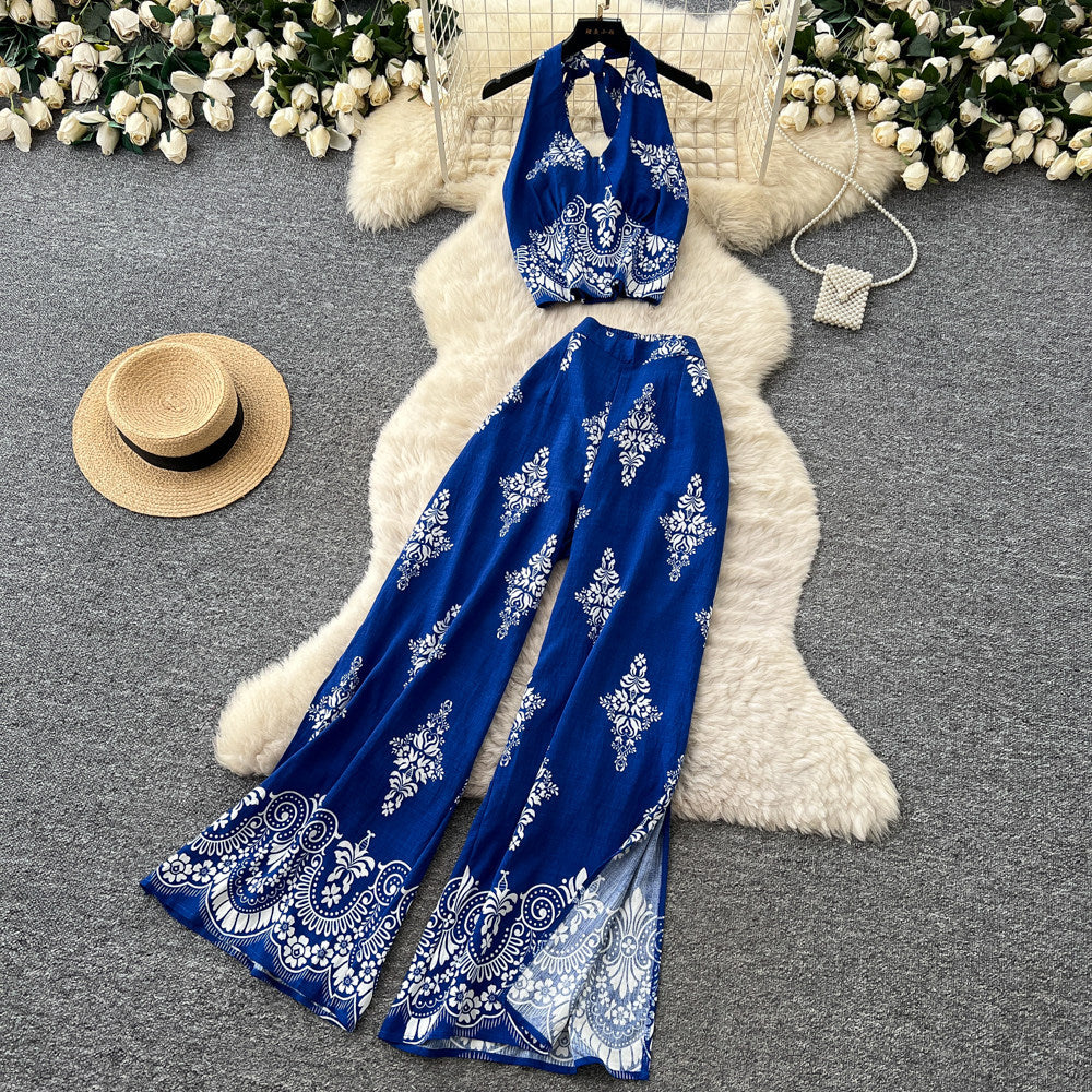 Vacation-style printed halter sleeveless dress women's summer lazy high-waisted wide-leg pants two-piece set - premium feel