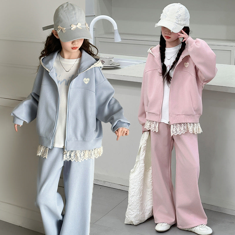 Girls' spring/autumn tracksuit set - stylish hooded wide-leg pants for older girls,  new korean style two-piece outfit