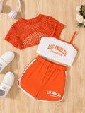 children's camisole set, featuring a three-color mesh cover-up and a letter-printed top. a retro sporty three-piece outfit for kids