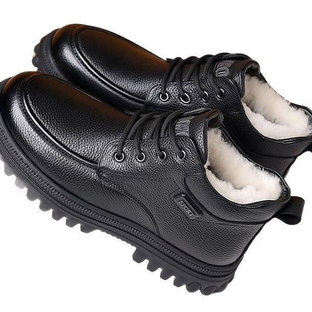 【100% genuine leather & wool】men's winter high-top leather shoes - fleece-lined, extra thick, warm, chunky sole, mid-aged dad's cotton shoes
