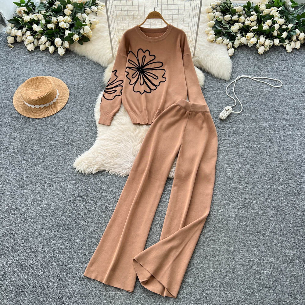Sweatersuit women's fall and winter  new arrival lazy style fashion heavy industry embroiderloosepulloverknittingtops pants