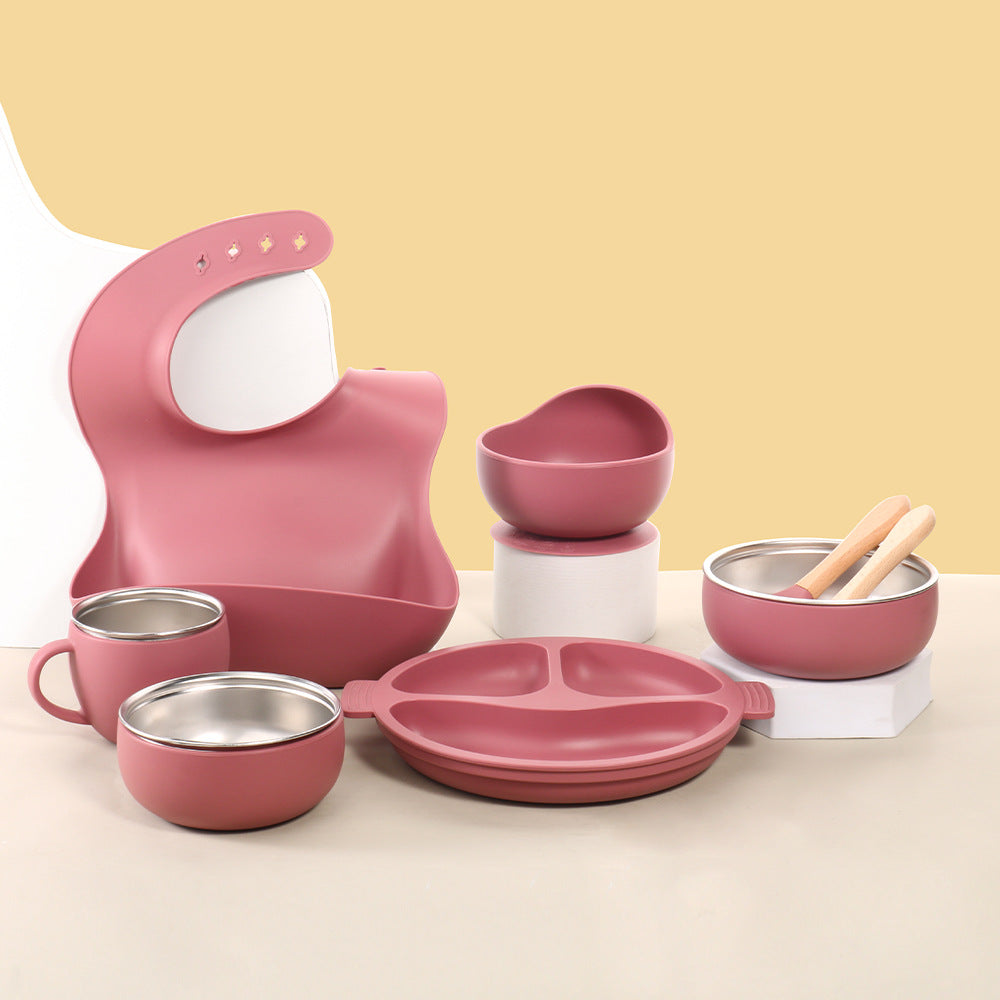 Factory new baby silicone stainless steel tableware set creative product 304 stainless steel children's silicone tableware bowl