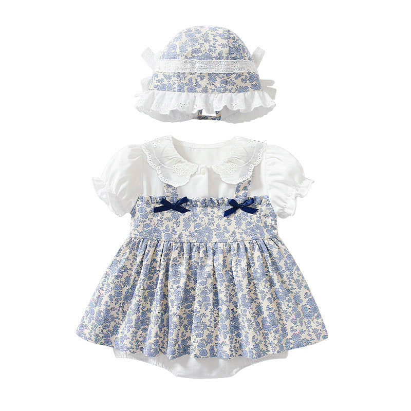 Baby skirt printing short-sleeved suspender skirt lace lapel summergirl bag butt dress princess style floral