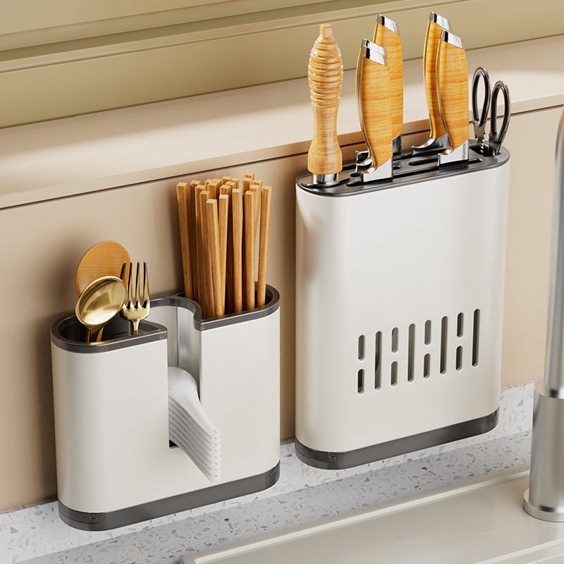 White kitchen knife holder, chopstick cartridge, shelf, no punching, wall-mounted chopstick basket, vegetable knives, spoons, knife holder, storage box.