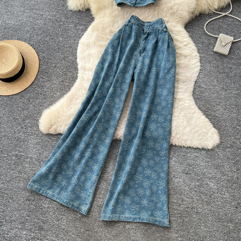 Pure desire style denim suit women's summertwo-piece setprintingtube top vesthigh waistloose pantsslimming lookwork clothing style