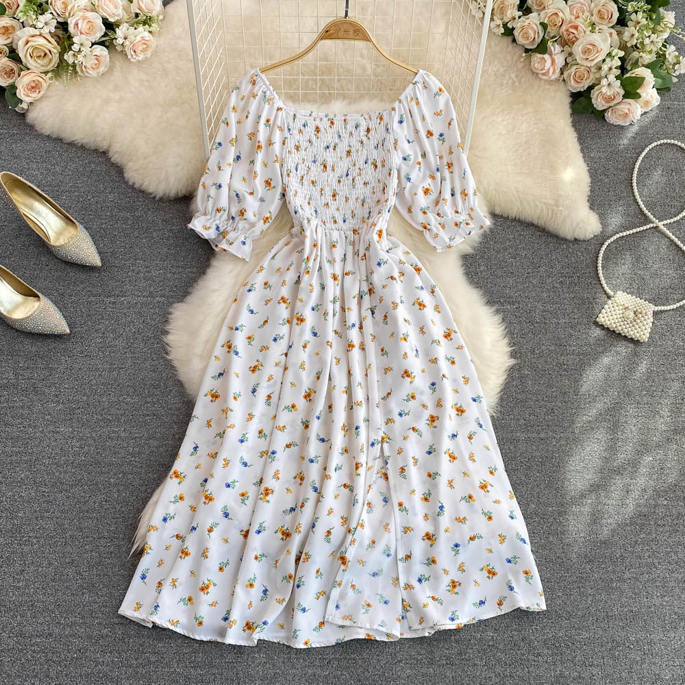 2024 summer new french chic sweet square neck puff sleeve a-line dress with cinched waist and slit – slimming and flattering