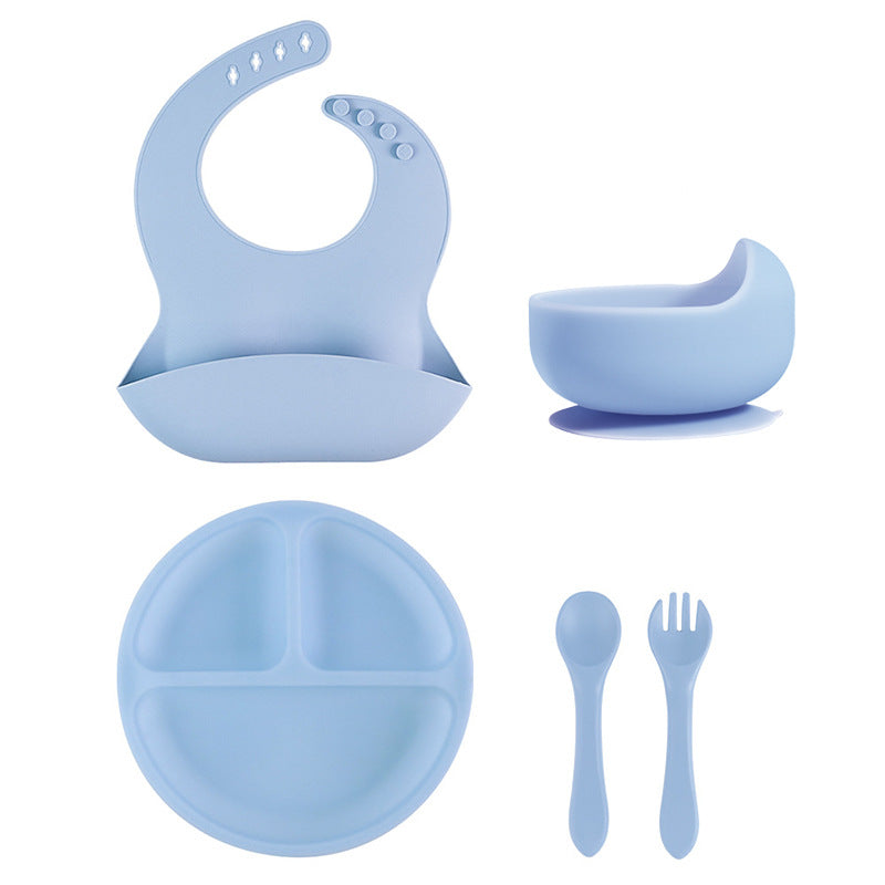 Customized silicone plate set, bib, fork and spoon, baby food supplement bowl 5-piece set, anti-drop suction cup, child feeding tableware