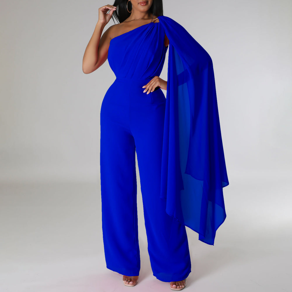 C8560 cross-border women's clothing independent station foreign trade pure colorolsexy one-shoulder banquet fashion dress african jumpsuit