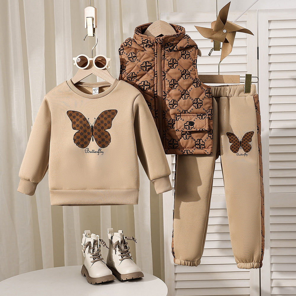 european and american quilted vest + patch embroidered round neck sweatshirt + trousers autumn and winter trousers suit three-piece set
