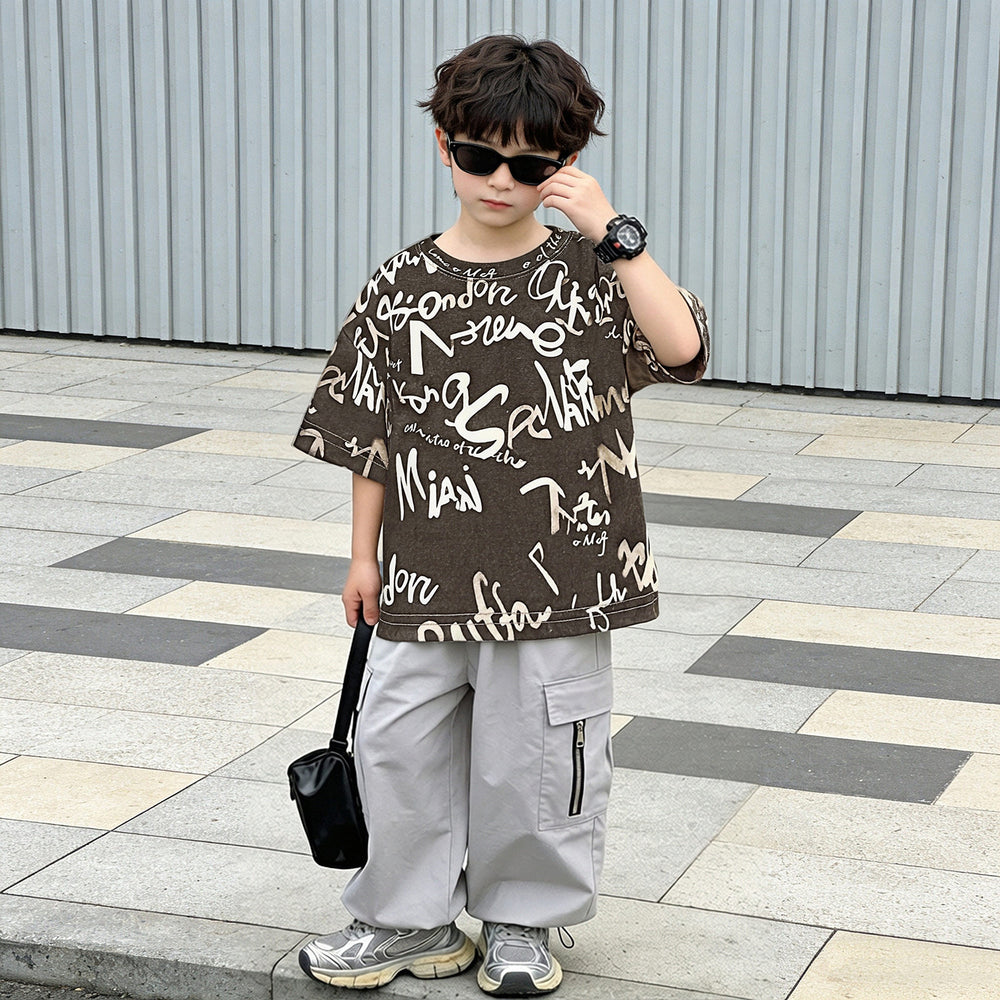 Comfortable and loose-fitting trendy brand short-sleeve t-shirt for boys,  summer print, kids' pure cotton top, fashionable casual children's clothing