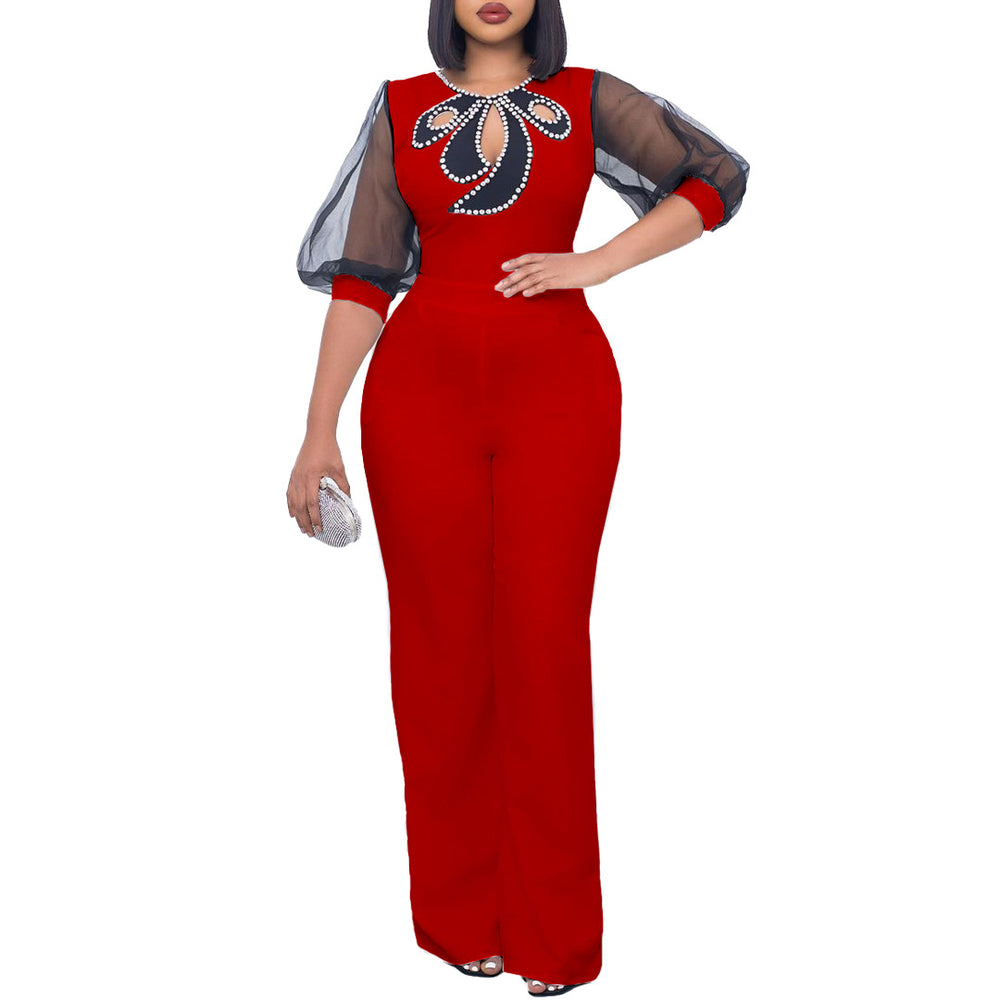 D3183 women's foreign trade summer  short-sleeve puff sleeve beaded sexy wide-leg cinched waist plus size cross-border jumpsuit