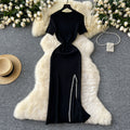 Elegant and chic sequin-embellished midi knit dress for women - summer collection: sexy, slim-fit, round neck, short sleeves, and a flattering slit