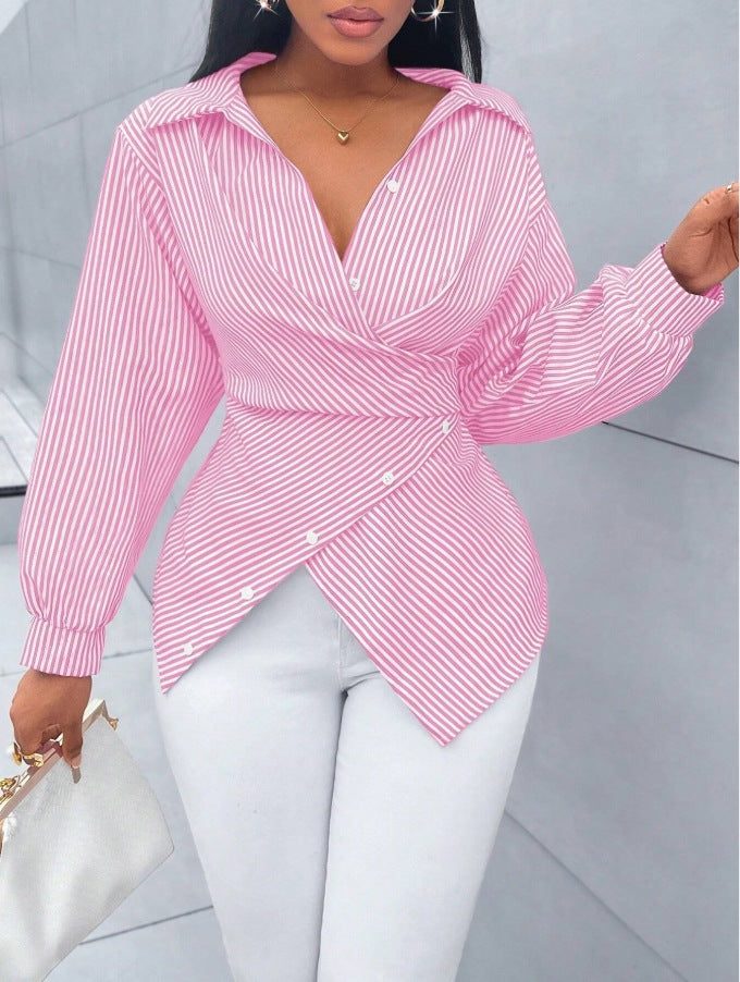European and american cross-border  hot-selling new spring/summer fashionable sexy versatile striped long-sleeved women's shirt