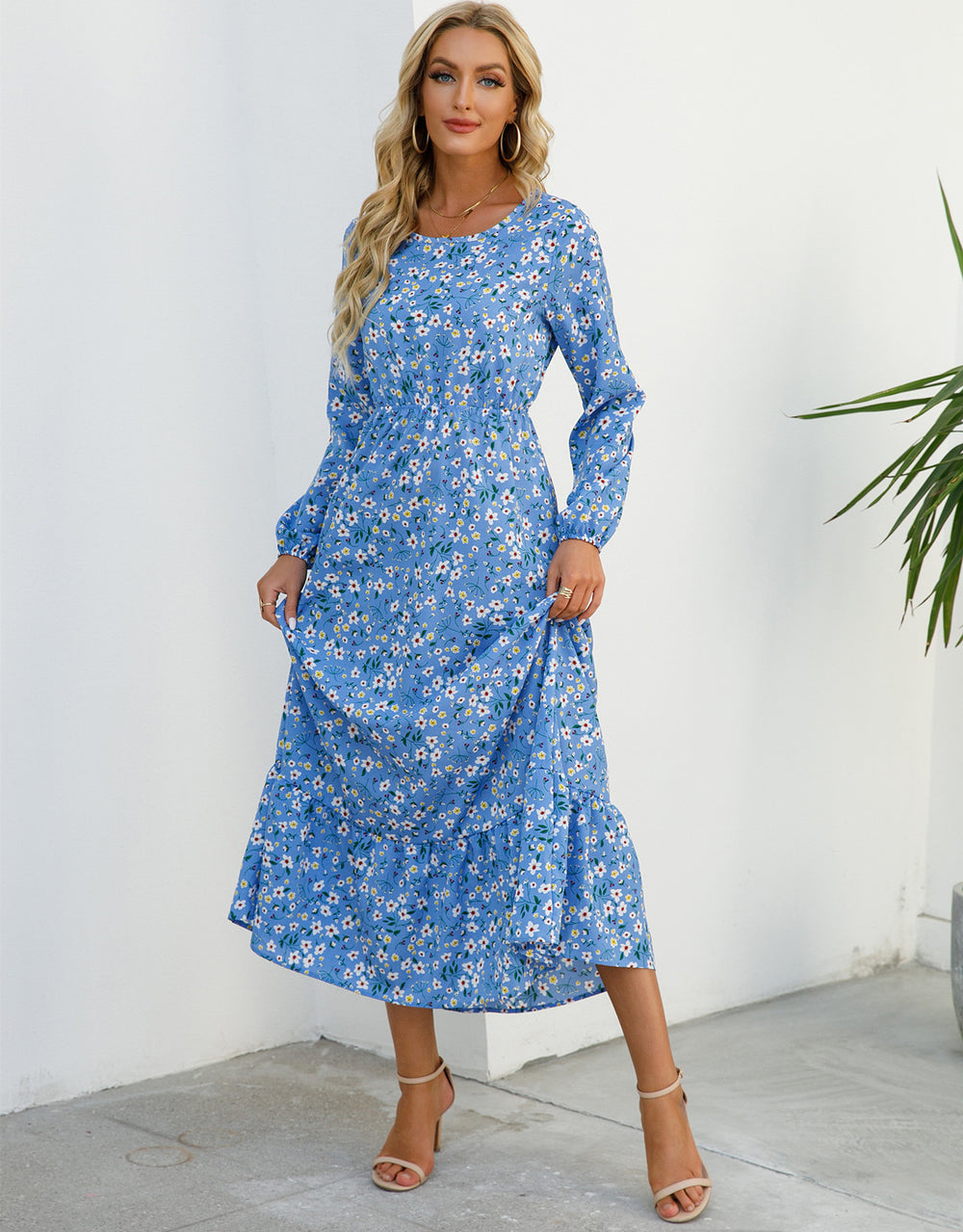 Shopee tk floral dress women's french round neck waist long light mature classysense slimming look cross-border early spring style
