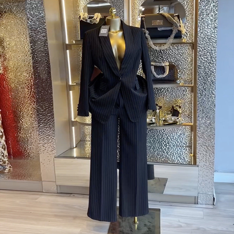 European and american cross-border women's fashion:  spring new collection - stylish and elegant striped blazer and wide-leg pants casual set