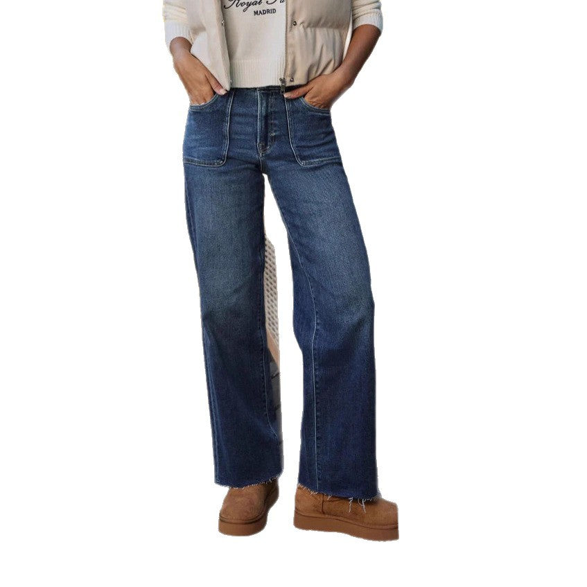 Fashionjeans women's new best-selling fashionelegantwork clothing raw edge straight-leg pants washed stretch jeans