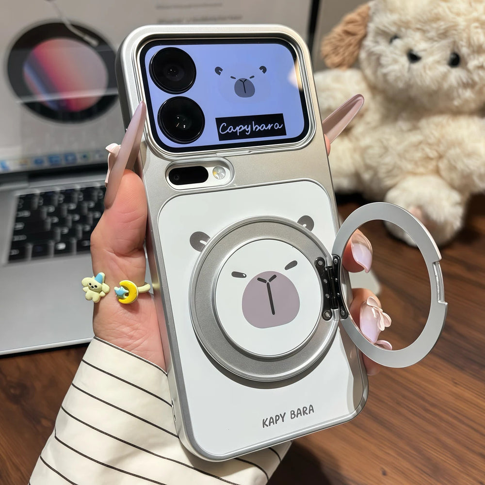 Kitten capybara cartoon english silver white large window rotating stand case for iphone 17 pro max