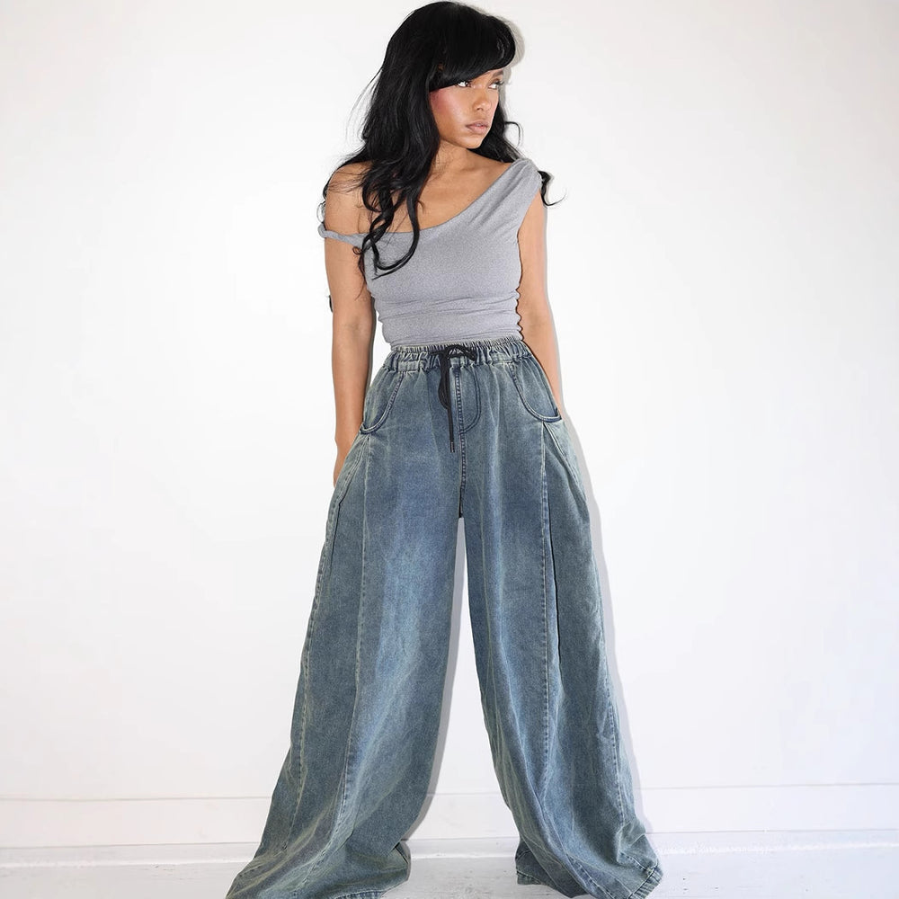 European and american style women's casual jeans -  cross-border fashion - streetwear elastic waist drawstring loose straight-leg pants