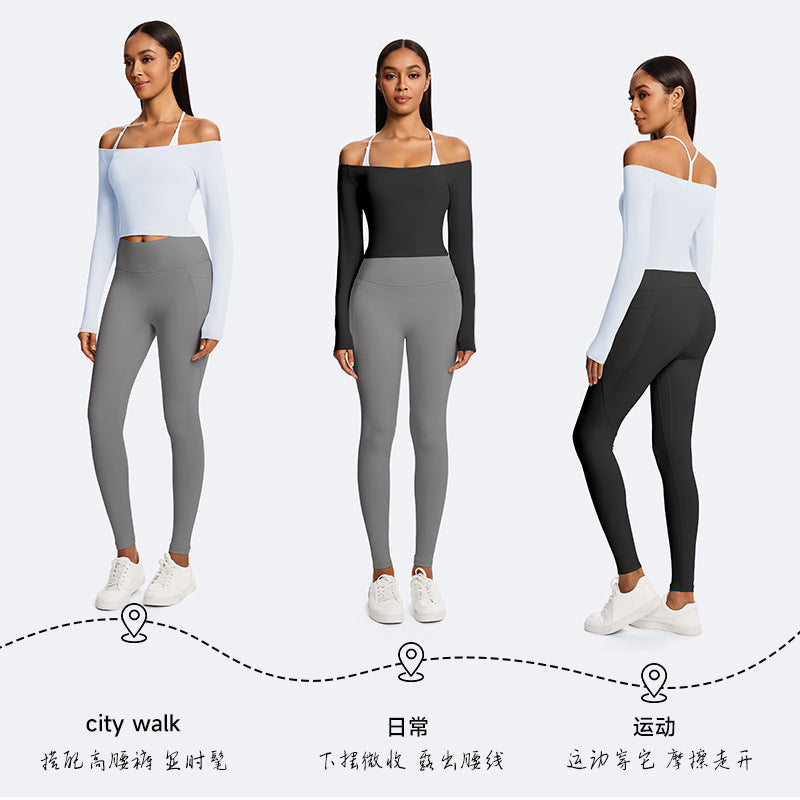 Amazon cross-border new long-sleeve sports t-shirt, one-shoulder fitness top, running pilates sexy yoga wear